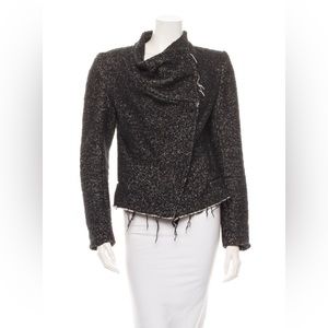 Isabel Marant black and white bouclé knit moto jacket with cowl neck.